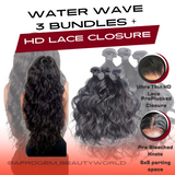 26 inches Water Wave  3 bundle Deal+ HD Lace Closure